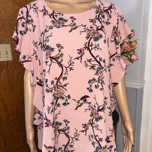 Bobeau Pink Floral Bird Print Ruffle Sleeve Top size